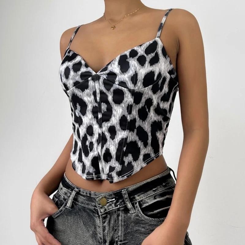 Leopard print v neck backless cami top-final-sale
