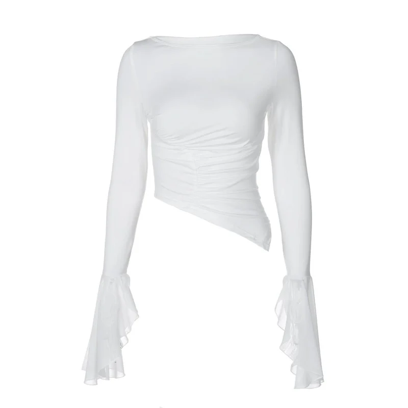 Long flared sleeve crewneck irregular solid top-final-sale