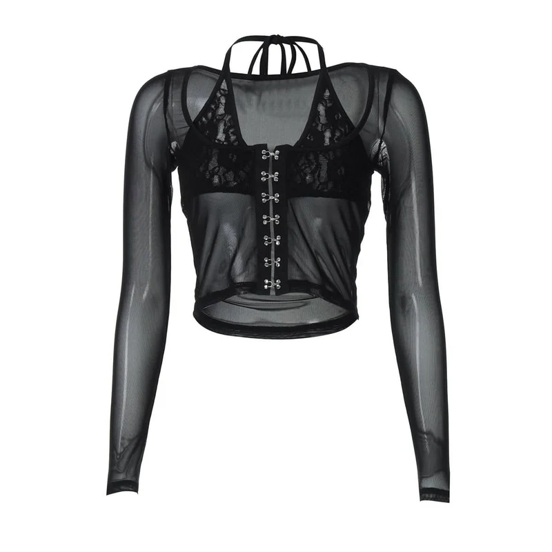 Mesh halter long sleeve lace hem top-final-sale