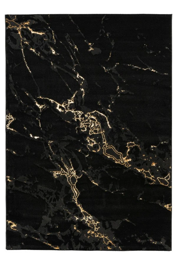 Marmaris Vloerkleed – Zwart/Goud – Marmerlook Design – Modern & Laagpolig