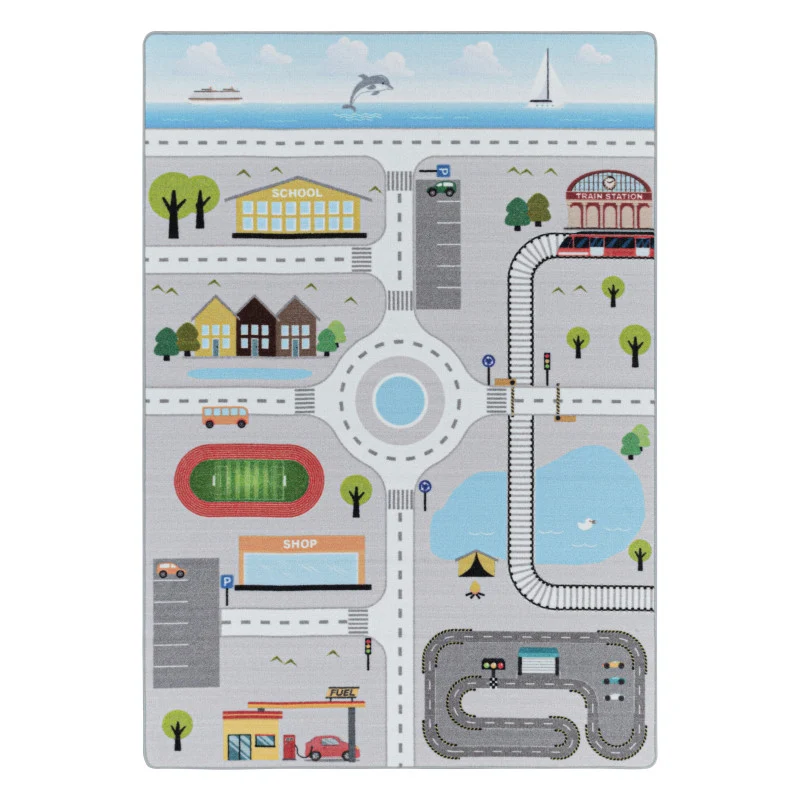 Play – Kindervloerkleed – Verkeer Grijs – Laagpolig – Anti-Allergisch & Anti-Slip