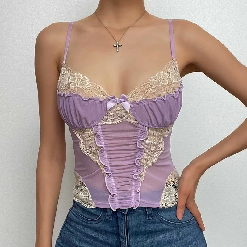Lace hem ruffle ruched cross back crop top-final-sale