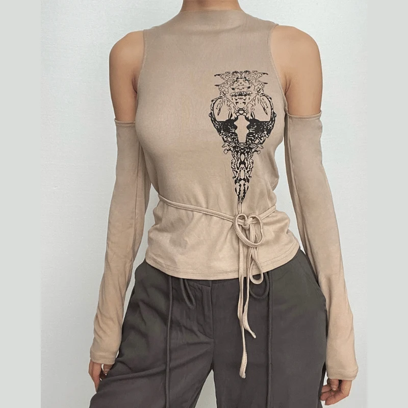 Abstract off shoulder long sleeve self tie contrast top-final-sale