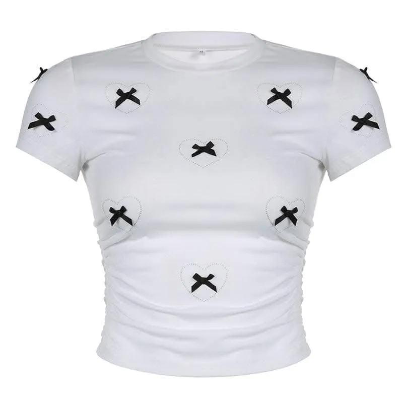 Short sleeve bowknot beaded ruched top-final-sale