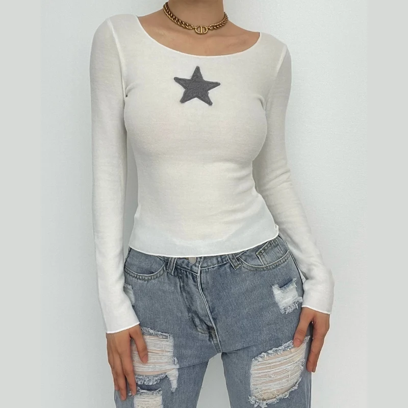 Star embroidery long sleeve ruffle round neck top- Final Sale