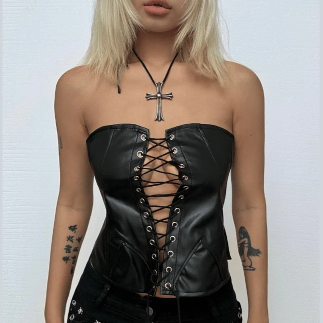 Leather lace up cut out corset top-final-sale