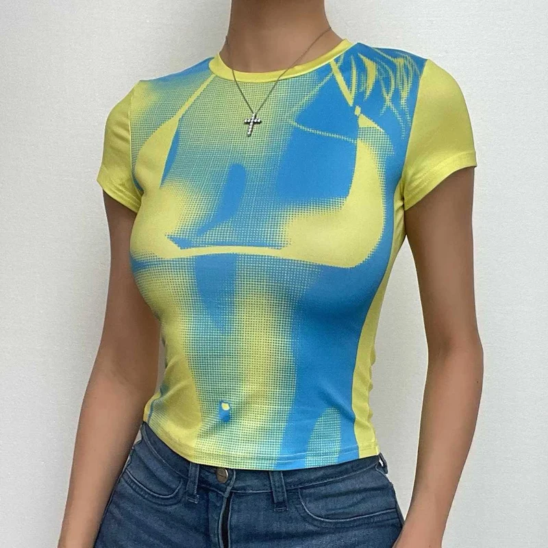 Body print contrast short sleeve crewneck crop top-final-sale