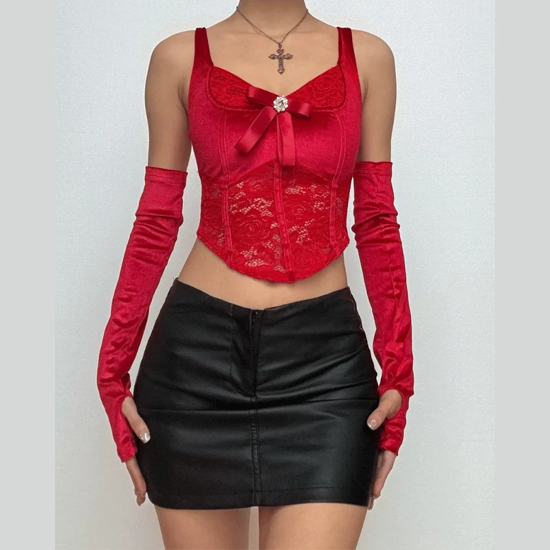 Velvet lace patchwork gloves bowknot cami top-final-sale