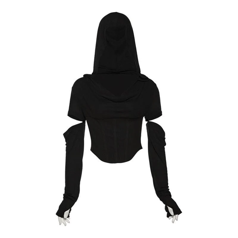 Hoodie cowl neck hollow out long sleeve corset crop cut out top-final-sale