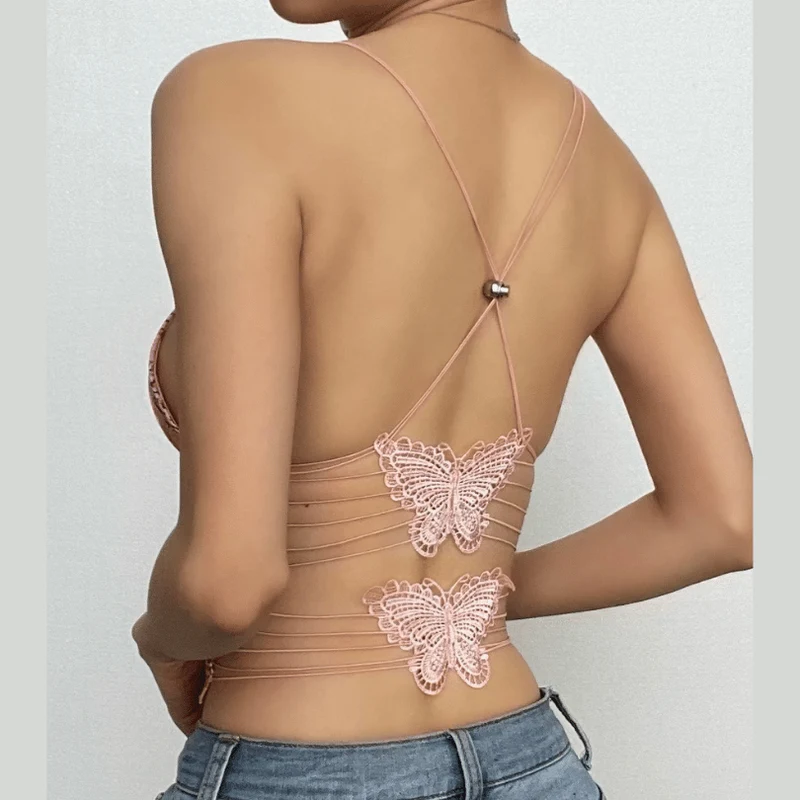Butterfly applique backless v neck contrast print crop top-final-sale
