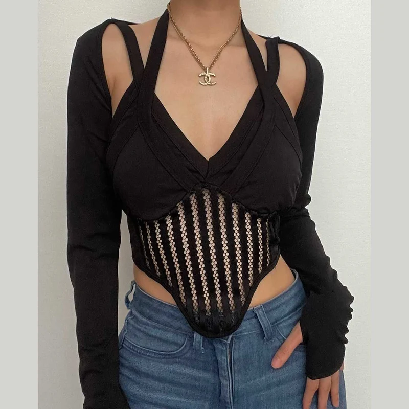 Halter cut out long sleeve gloves crop top - Final Sale