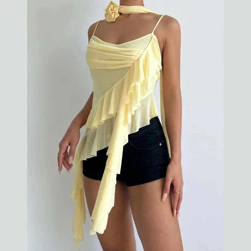 Mesh flower applique ruffle cami top-final-sale