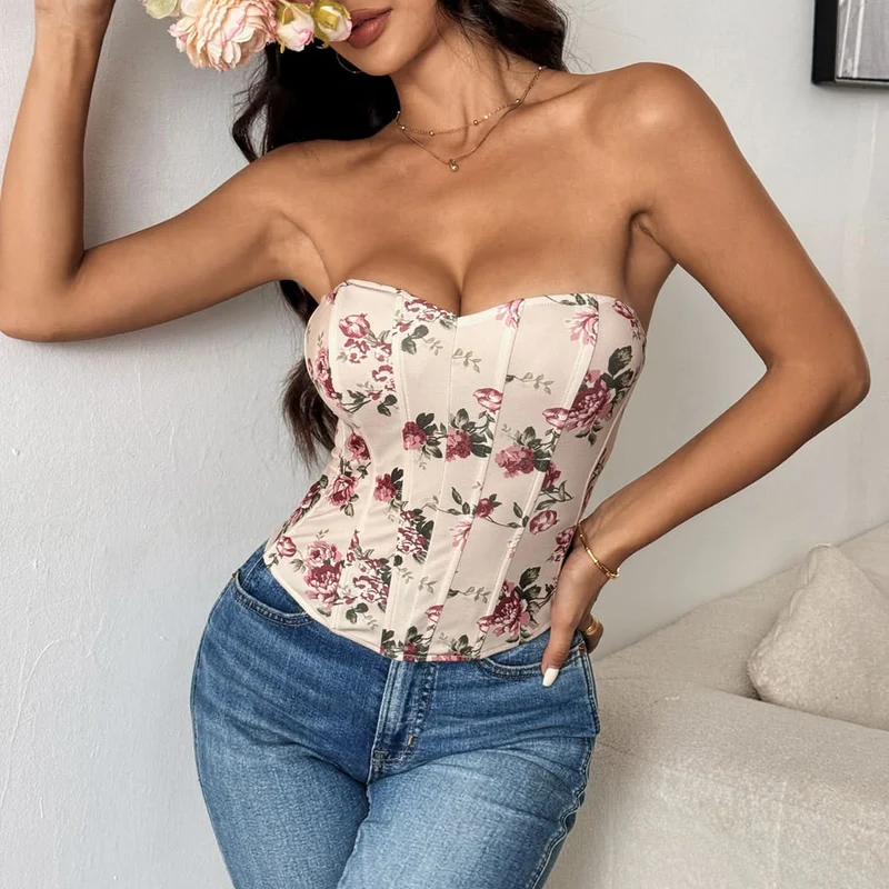 Corset sweetheart flower print tube top