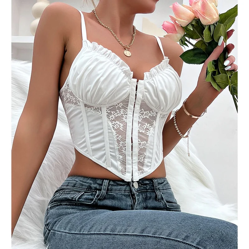 Corset ruffle lace v neck cami top