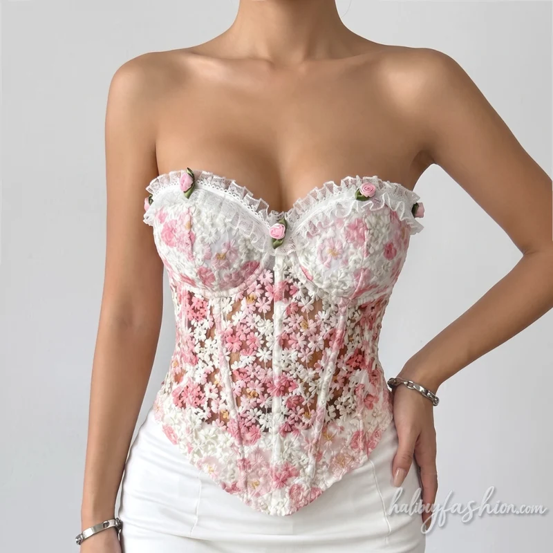 Corset ruffle flower applique lace up tube top