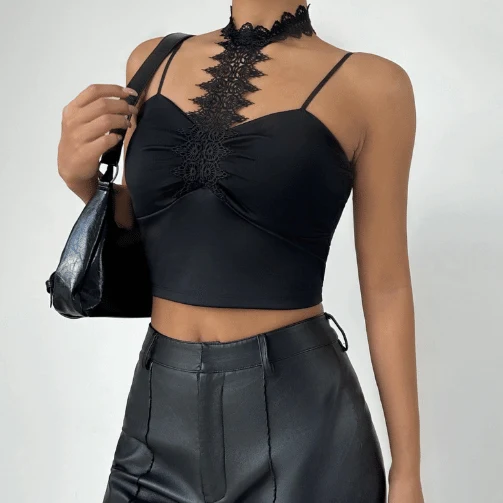 Halter lace hem padded cami top