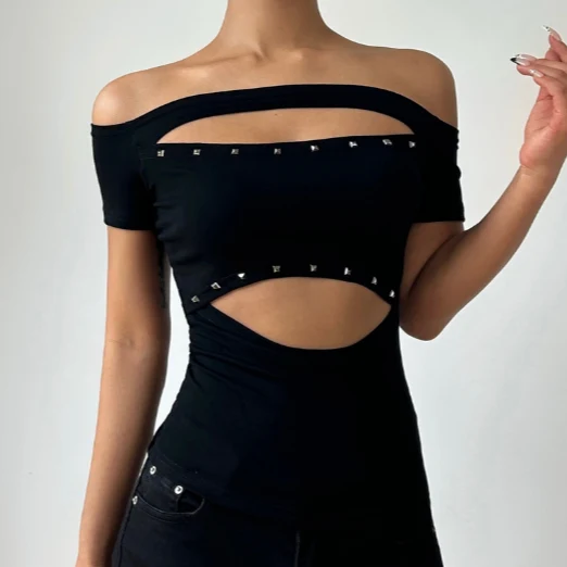 Hollow out off shoulder beaded short sleeve cut out top