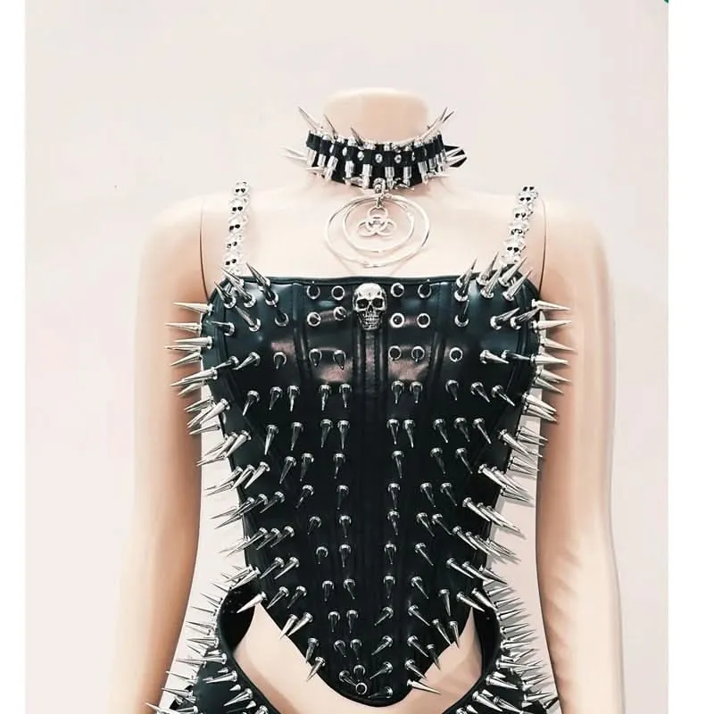 Lace up PU leather skull cami top