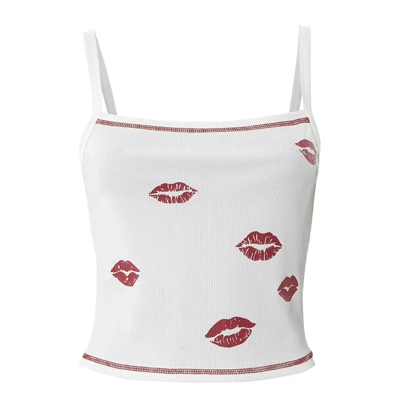 Ribbed lips print square neck stitch cami top