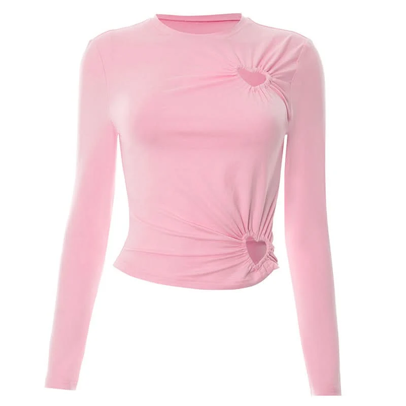 Long sleeve hollow out crewneck ruched cut out top