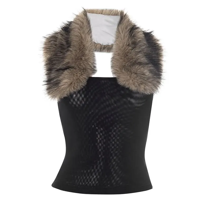 Mesh halter fluffy backless patchwork top