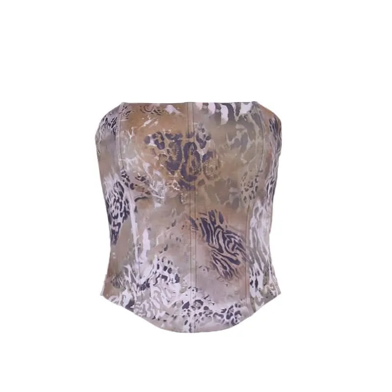 Leopard print zip-up corset tube top