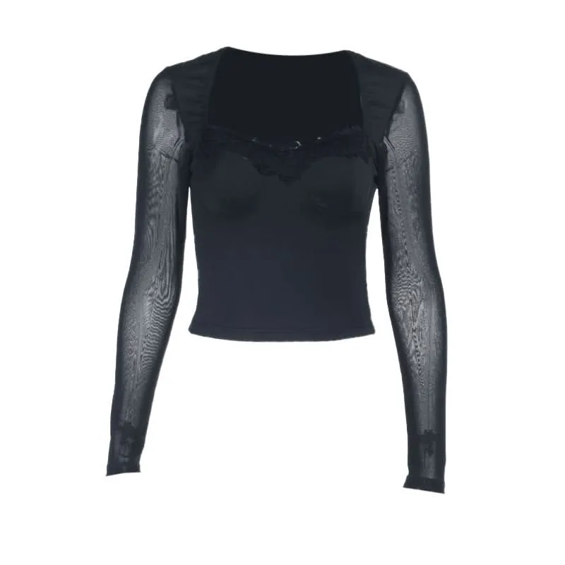 Mesh long sleeve lace hem v neck top