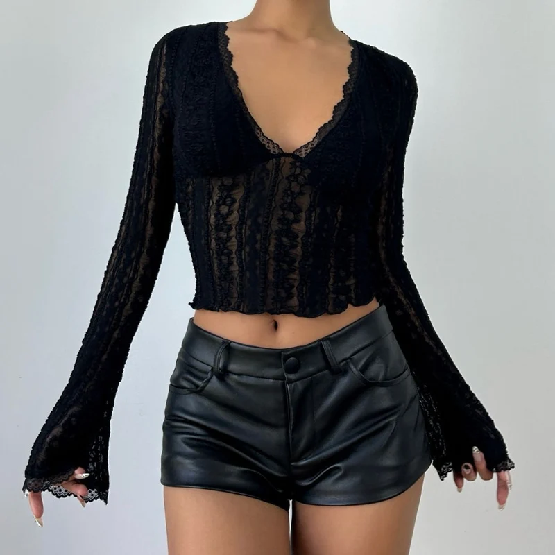 V neck lace hem long sleeve solid top