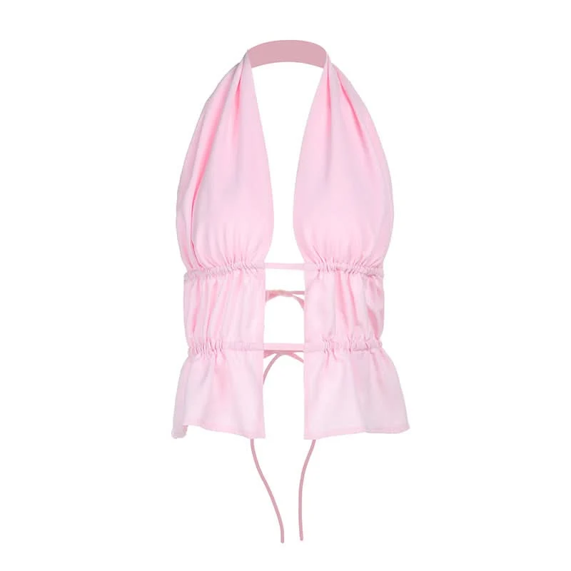 Halter ruched self tie pink cut out top