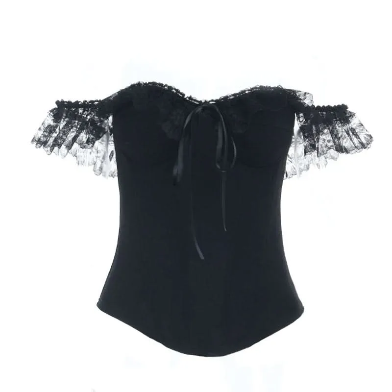 Lace hem off shoulder ribbon zip-up tube top