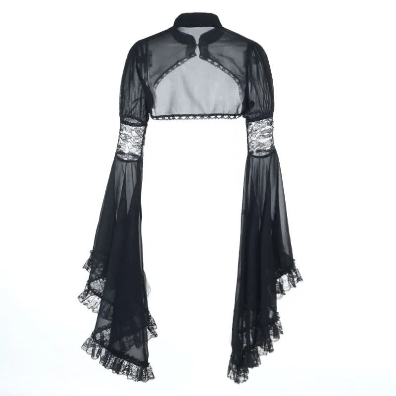 See through chiffon lace hem flared sleeve top