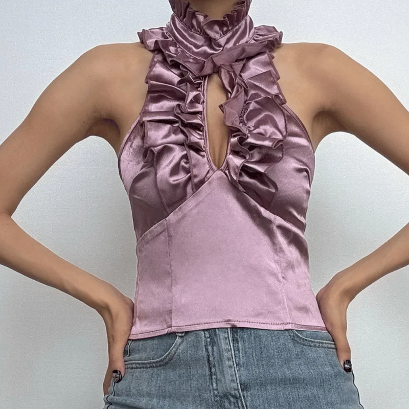 Satin halter ruffle ruched backless top-final-sale