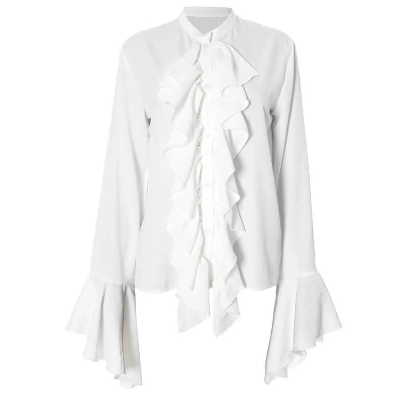 Ruched long flared sleeve ruffle button top-final-sale
