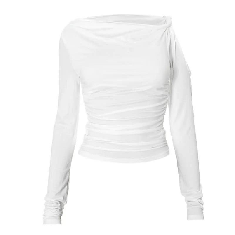 Irregular long sleeve hollow out ruched one shoulder cut out top-final-sale