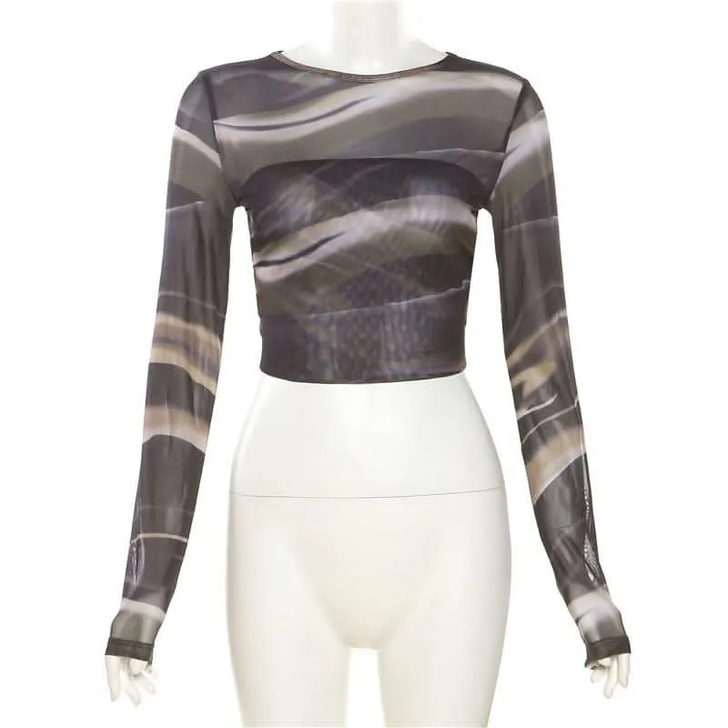 Mesh backless long sleeve crewneck crop top-final-sale