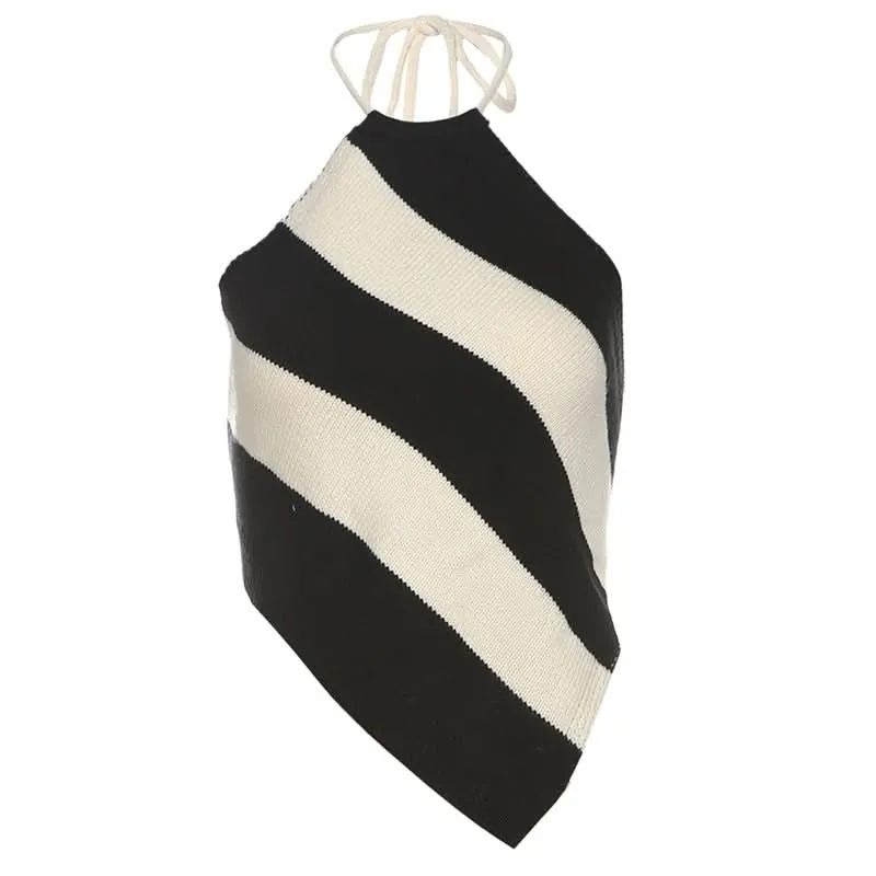Halter striped self tie backless top