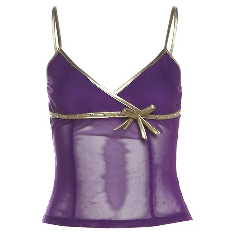 V neck mesh bowknot cami top