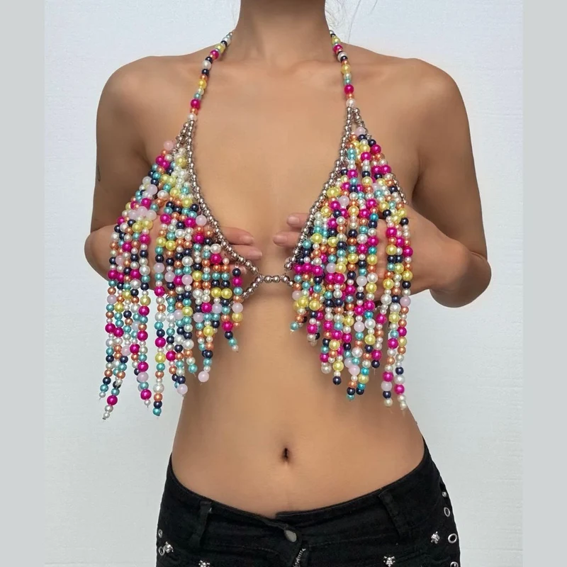 Backless v neck halter beaded crop top