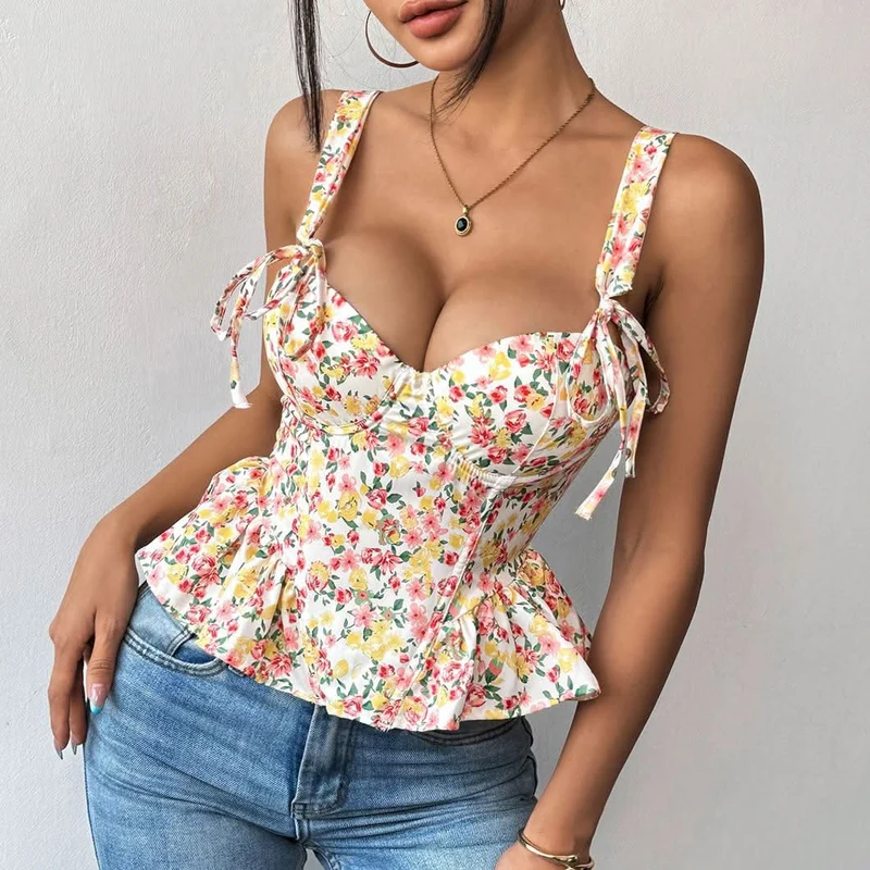 Ruffle flower print lace up cami top