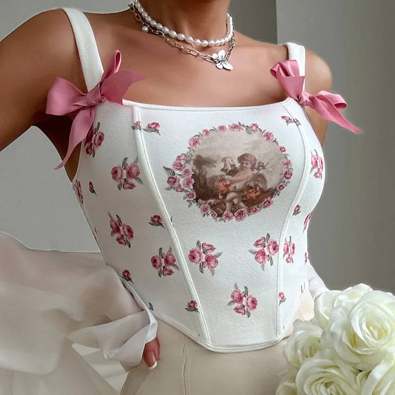 Flower print corset bowknot lace up cami top