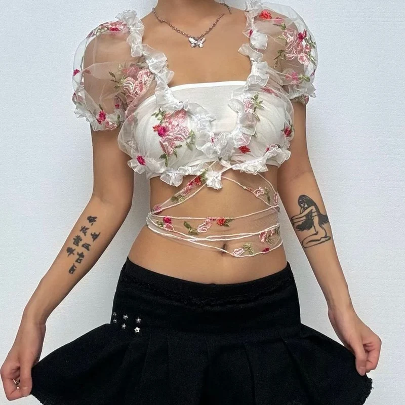 Mesh ruffle puff sleeve embroidery top