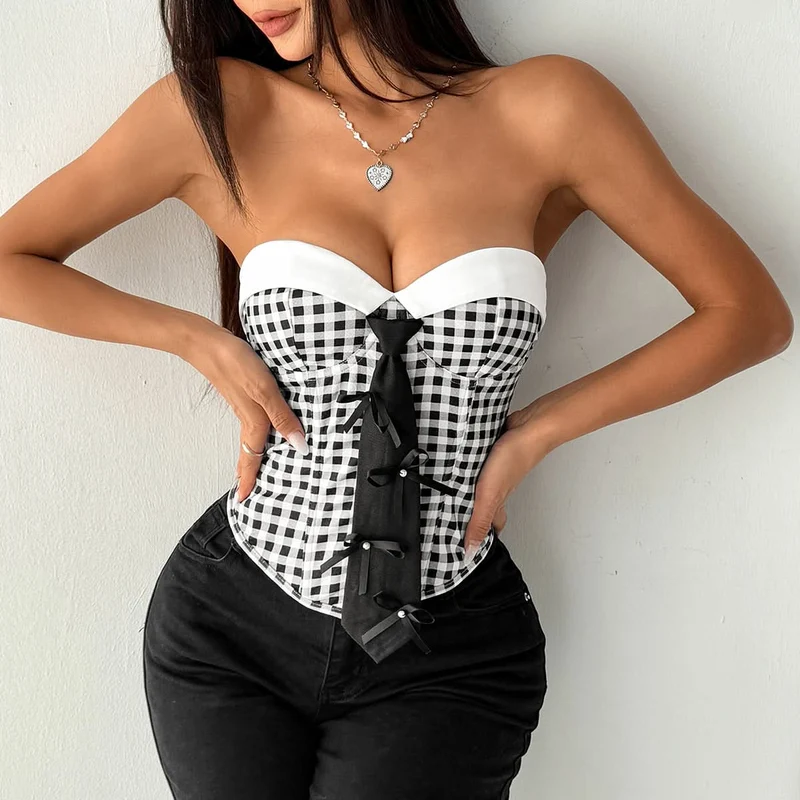Sweetheart neck plaid bowknot top