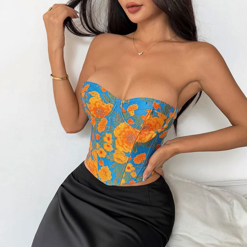 Corset flower print lace up top