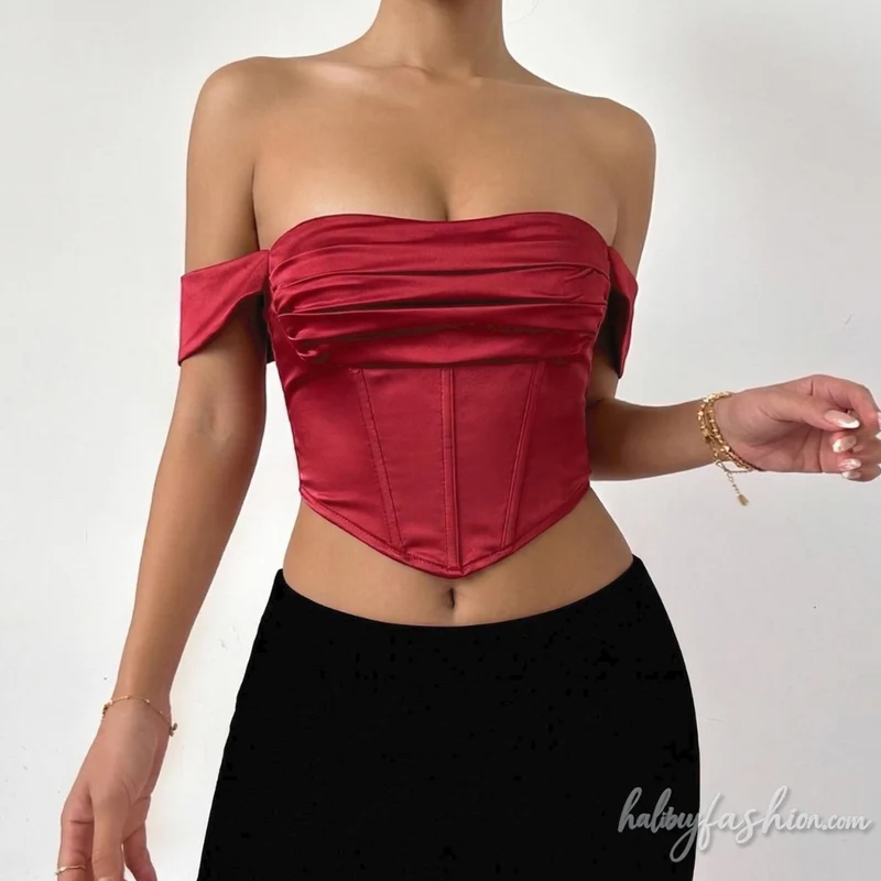Off shoulder pleated satin corset tube top