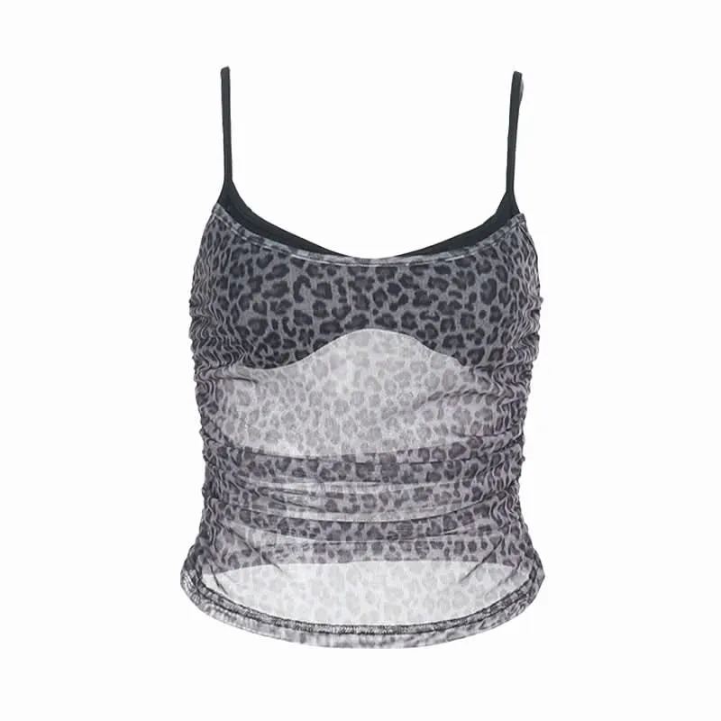 Leopard print ruched u neck mesh cami top