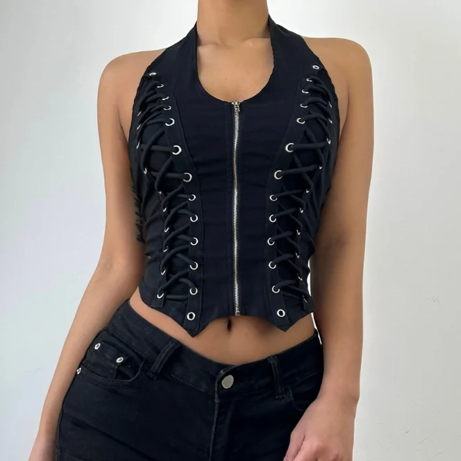 Zip-up u neck lace up sleeveless solid top