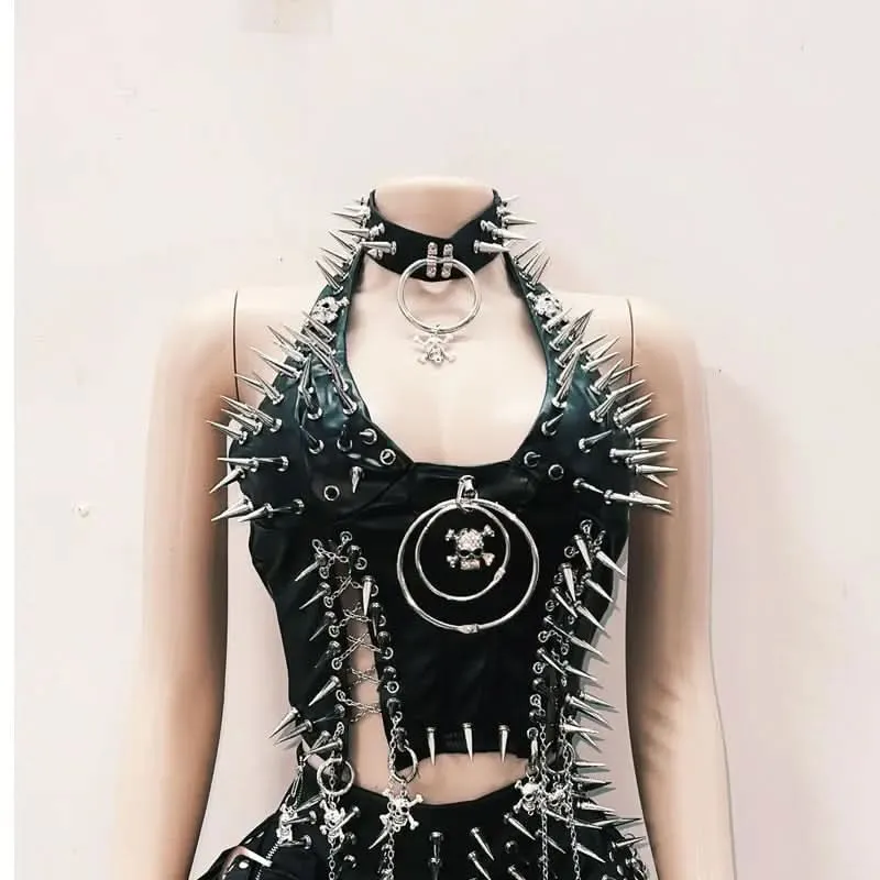 Halter rivet PU leather skull applique top