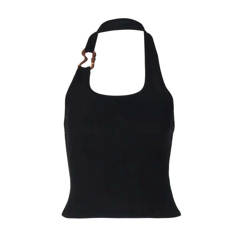 U neck metal applique backless top