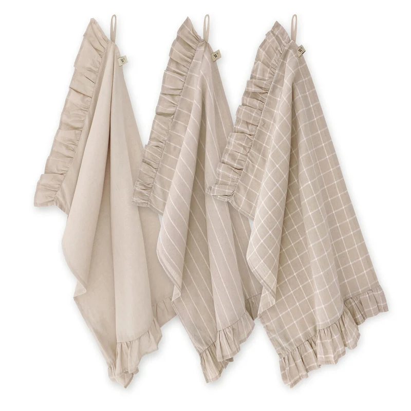 Walra - Keukenset Lovely Linen Ruffles - 3x 50x70 cm - Naturel