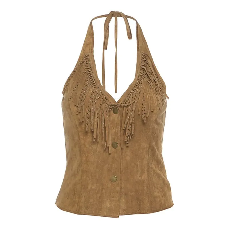Halter tassels v neck button top